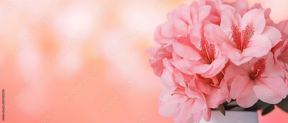 Poster delicate pink azalea flowers in soft focus against a hazy serene spring background evoking a tranqui
