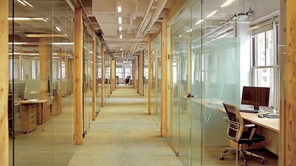 Modern Minimalistic Concrete Coworking Office room with Blank Walls, High Ceilings,and Mockup Frame