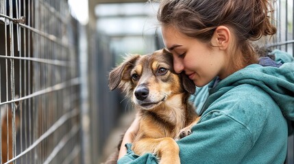 A volunteer comforting a rescued dog in an animal shelter, with rows of cages visible in the background.