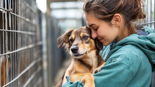 A volunteer comforting a rescued dog in an animal shelter, with rows of cages visible in the background.