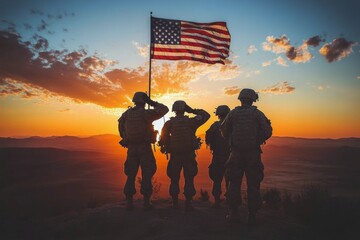 Soldiers saluting the American flag at sunset in a display of respect and patriotism