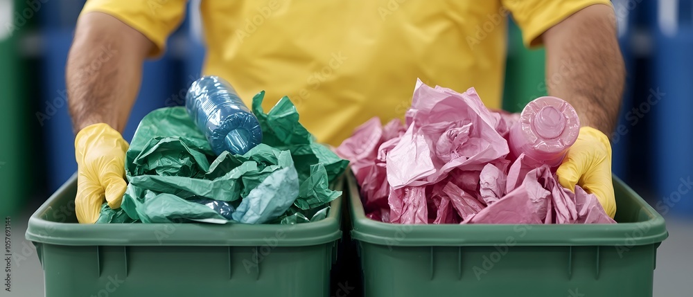 Poster close up view of human hands meticulously sorting and separating plastic bottles and paper products 