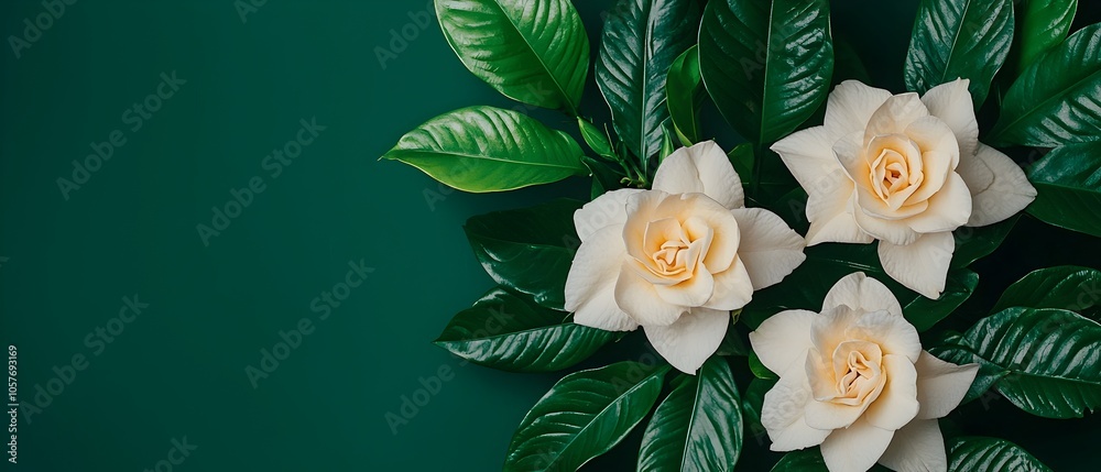 Poster ethereal cluster of soft creamy gardenia blossoms with a lush verdant natural backdrop creating a se