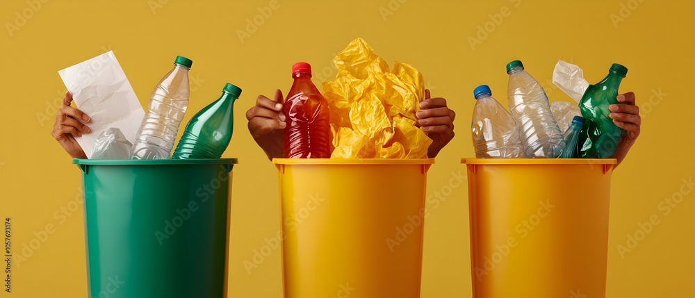 Aufkleber close up of hands carefully sorting plastic bottles and paper into separate recycling bins for susta