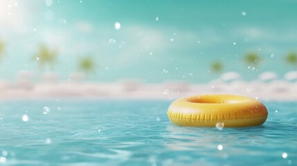 Colorful yellow pool float surrounded by palm leaves in a tranquil blue setting