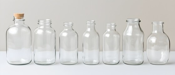 A minimalist arrangement of clear glass bottles and jars neatly stacked in rows showcasing a sustainable and eco friendly approach to recycling and waste management