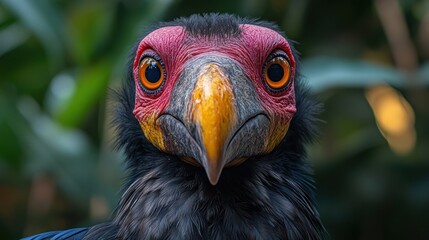 A close-up portrait of a Southern Ground Hornbill with a red head, black body, and bright yellow beak staring directly at the camera.