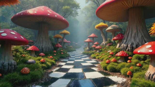  POV walking down a stone path lined with giant, colorful mushrooms in a misty forest. The whimsical scene evokes a sense of wonder, as if she's journeying into a magical, fairy-ta