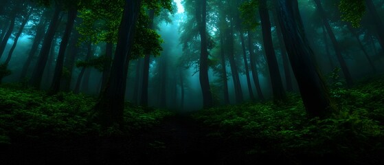 Obraz premium Mysterious path through a misty forest.