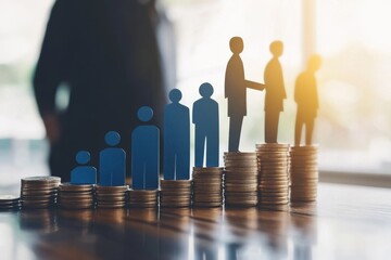 Paper people standing on a coin stacks. Insightful Analysis of Investment. Business Metrics, Performance Trends. Visual representation shows growth, success, achievement. Income gap. Market recovery