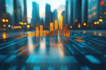 City skyline with digital data visualization at dusk, showcasing urban innovation and technology