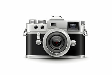 Fototapeta premium A vintage silver and black 35mm rangefinder camera with a lens and a viewfinder.