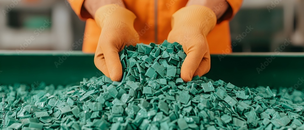 Aufkleber Close up view of plastic bottles being mechanically crushed and compacted at a recycling processing plant
