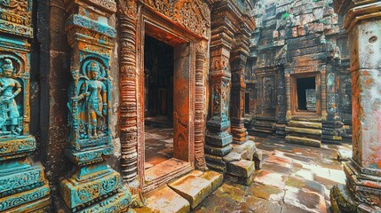 Ancient Hindu Temple with Colorful Frescoes