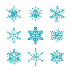 Fototapeta premium Unique snowflakes set, detailed hand drawn flat vector line illustration. Graphic outline drawing. Christmas and New Year symbol. Beautiful snowflake silhouette icon for frosty winter designs.