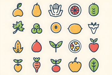 A collection of 25 colorful line icons representing different fruits, vegetables, and leaves.