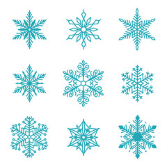 Unique snowflakes set, detailed hand drawn flat vector line illustration. Graphic outline drawing. Christmas and New Year symbol. Beautiful snowflake silhouette icon for frosty winter designs.