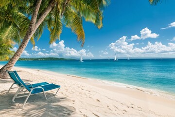 A tranquil beach with turquoise waters and palm trees on a sunny day in a tropical paradise