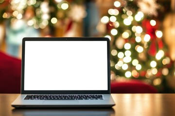 Laptop with White Empty Screen Mock-Up on a table with a Christmas Tree Lights blurred Background Bokeh. Bright Blank Laptop Display Mock Up Template Against a Festive backdrop. Front View, Close-Up.