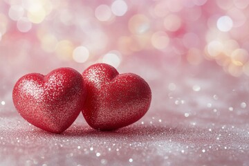 Obraz premium Shimmering red hearts resting side by side on a sparkling surface during a festive celebration