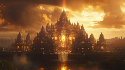 Obraz premium Majestic Hindu Temple at Sunset with Warm Glow