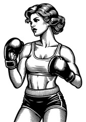 Fototapeta premium Black and white engraving of a determined retro female boxer in fighting stance, sketch engraving generative ai fictional character PNG illustration. Scratch board imitation. Black and white image.