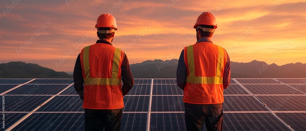 Poster Engineers inspecting and assessing the layout and performance of expansive solar panel installations situated within a vast desert environment