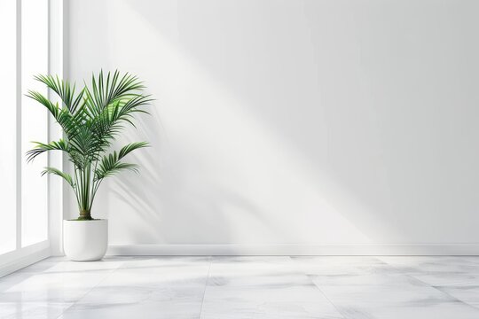 Minimalist interior with sunlit green potted plant and clean white wall space.