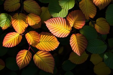 Obraz premium Close-up of autumn leaves in red, yellow, and green, with shadows casting on the surface Generative AI