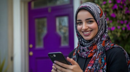 Young Muslim Woman Smiling and Using Smartphone