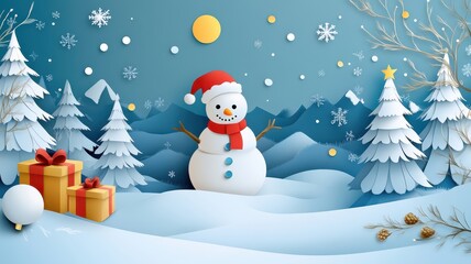Obraz premium Postcard and desktop wallpaper in Christmas theme with paper cut of snowman and snow symbol. 