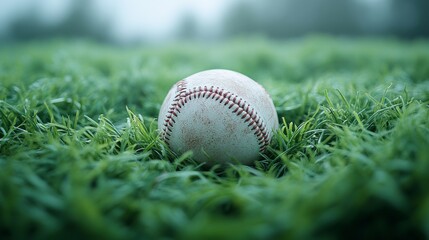 Baseball resting on lush green grass in a misty field