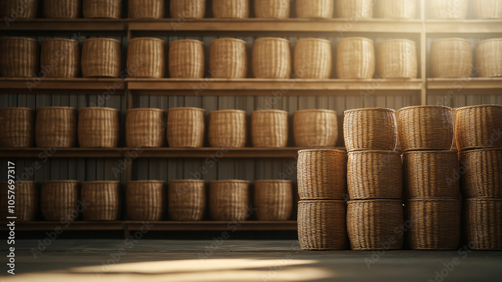 Poster rows of woven baskets in warm sunlight create serene atmosphere