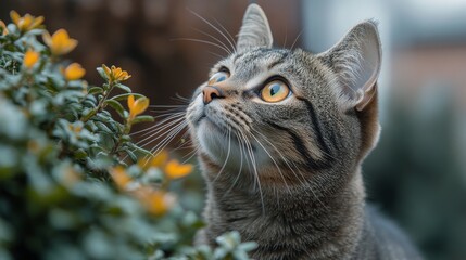 A curious cat observing flowers in a lush garden during a sunny afternoon