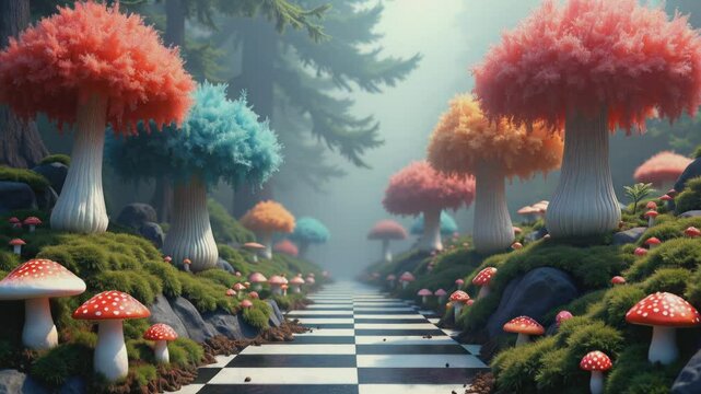  POV walking down a stone path lined with giant, colorful mushrooms in a misty forest. The whimsical scene evokes a sense of wonder, as if she's journeying into a magical, fairy-ta