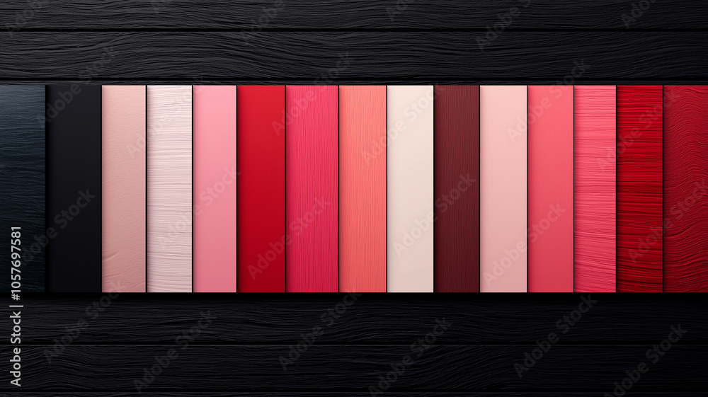 Poster vibrant array of red and pink color swatches on dark wood background