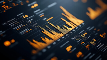 Dynamic financial data visualization with orange graphs and charts