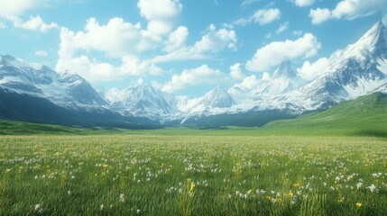 Fototapeta premium Expansive grasslands with snow-capped mountains on the horizon, evoking calm and peaceful countryside vibes.