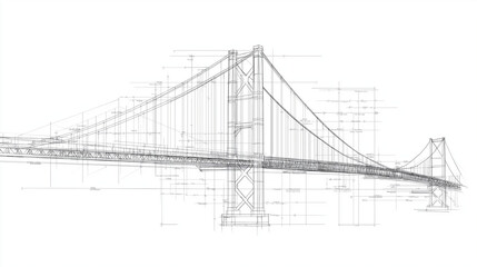 Golden Gate Bridge Blueprint: A minimalist, technical drawing of the iconic Golden Gate Bridge, showcasing its intricate design and engineering marvel.  