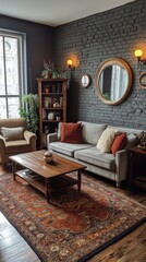 Fototapeta premium Cozy living room with natural elements and soft lighting in a stylish urban apartment