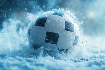 Fototapeta premium A soccer ball splashes through water in a dramatic outdoor setting during a rainy match