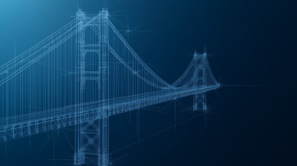 Fototapeta premium Golden Gate Bridge Wireframe: A minimalist, digital wireframe of the iconic Golden Gate Bridge, rendered in a striking blue gradient. Evoking a sense of connection, progress, and architectural marvel.
