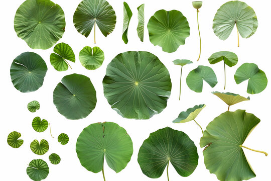 Collection of green lotus leaves and a flower bud isolated on white background.