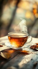 Steaming Cup of Tea on Wooden Table
