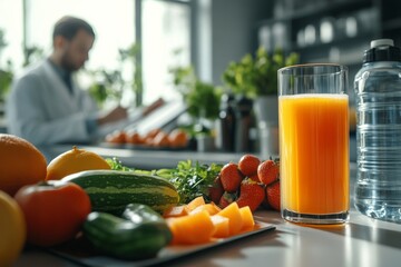 Health pro notes surrounded by fresh produce and drinks in a bright space
