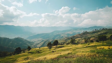 Obraz premium Stunning Ethiopian Landscape Featuring Mountains, Rural Fields, and Adventure Trails in Lalibela's Natural Wilderness