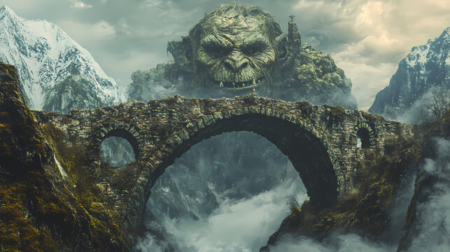 Troll's bridge amidst mountain peaks and mystical adventure fantasy wallpaper. Mountain Troll. Illustration