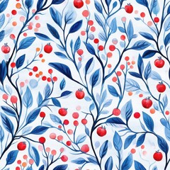A vibrant, floral pattern featuring red berries and blue leaves on a light background, showcasing a dynamic, nature-inspired design.