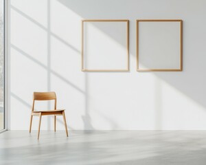 2 wood frames on the wall, bright artificial studio light