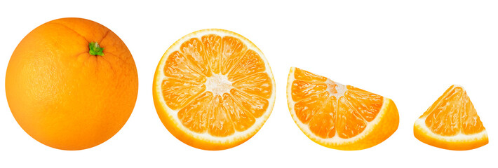Orange isolated. Orange fruit set: whole, half and slice on white background. Orange collection. 